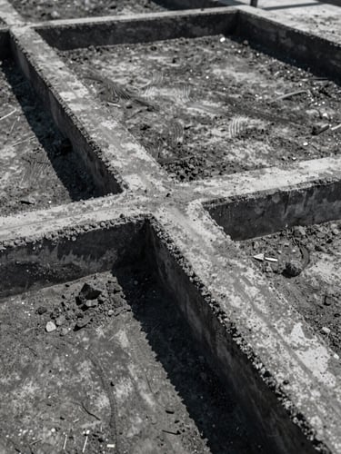 Extreme close-up of high-contrast troweled concrete joints on a massive structural foundation, bright hard daylight, rich charcoal tones