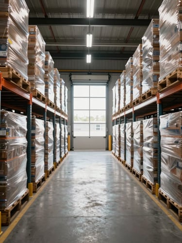 Wide interior of an active logistics warehouse, rows of pallets stacked on industrial racking stretching into the background, daylight flooding through large loading dock doors at the far end, overhead warehouse lighting, no people