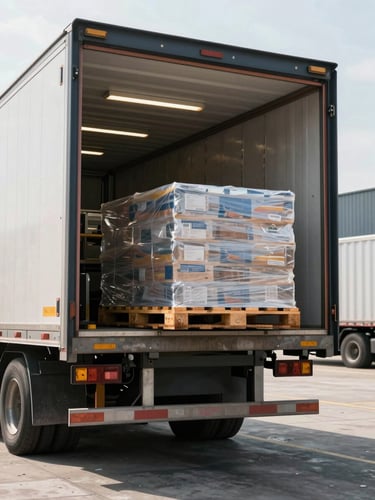 Dock-level perspective at a logistics facility loading bay, a curtainsider truck trailer being loaded with shrink-wrapped pallets via a dock leveller, natural daylight entering from the open dock door, overhead fluorescent lighting visible inside, no people, industrial operational scale