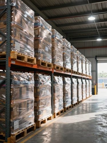 Wide panoramic view inside a large logistics warehouse, rows of shrink-wrapped pallets stacked two-high on heavy-duty racking extending into the distance, daylight streaming through loading dock doors on the right third, overhead warehouse lighting casting clean shadows on concrete floor, no people, operational industrial scale