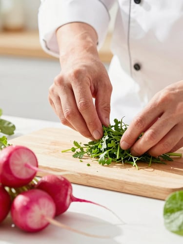 Vibrant close-up of a chef prepping fresh green herbs and crisp radishes in a bright, sunlit kitchen, high-key lighting, shallow depth of field.