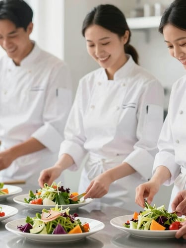 Bright editorial kitchen photography, a team of smiling professional chefs in clean white aprons arranging vibrant salad plates, natural daylight, soft focus.