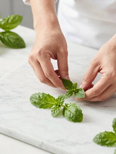 High-key editorial food photography, overhead view of a chef prepping fresh herbs on a clean marble countertop, bright natural daylight, vibrant green colors.