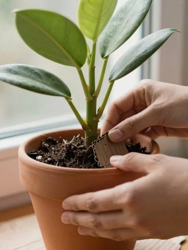 Close-up of hands carefully wrapping a terracotta potted plant in protective corrugated cardboard, soft natural window light, warm editorial photography, 35mm