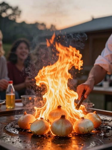 Dynamic close-up of a chef lighting a towering onion volcano on a backyard flat-top grill, bright orange flames illuminating laughing guests in the background, warm dusk light.