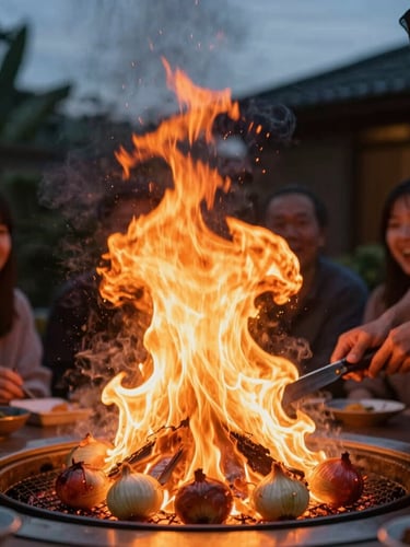 Dynamic close-up of a backyard hibachi chef tossing a flaming onion volcano at dusk, warm orange light illuminating laughing guests in the background.