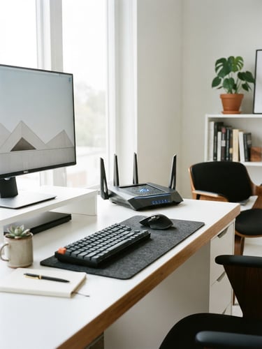 Modern minimalist home office with clean white desk, high-end router with glowing blue status lights, bright natural daylight, 35mm photography
