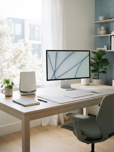 Bright modern minimalist workspace with high-key natural daylight, cool blue accents, high-end router on a clean desk, 35mm photography