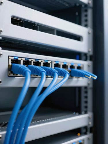 A close-up of high-end networking hardware with glowing blue fiber optic cables in a modern server rack, shallow depth of field, 35mm
