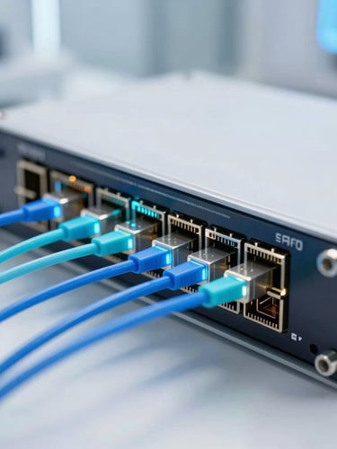 Close-up of high-end optical fiber networking hardware with glowing blue and cyan data transmission lines, clean-room tech aesthetic, 35mm photography