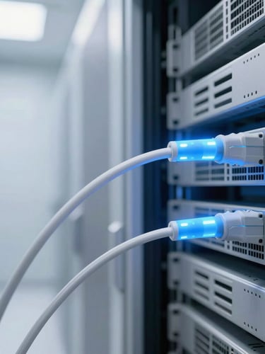 Close-up of modern fiber optic cables glowing with soft blue light inside a clean server room, architectural framing, shallow depth of field