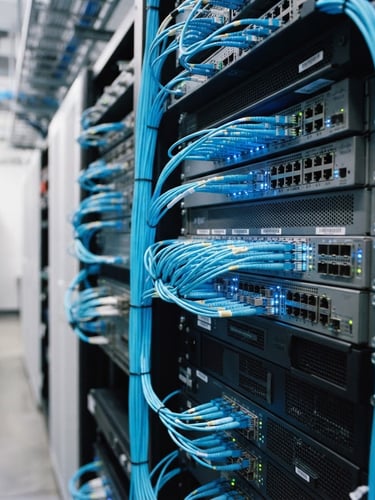 Sharp close-up of high-end enterprise rack-mounted networking hardware with glowing blue fiber optic patch cables, clean server room environment, shallow depth of field
