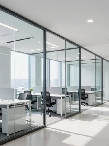 Bright modern minimalist corporate office interior, natural daylight pouring in, elegant glass partitions, professional workspace, 35mm photography