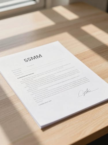 Close-up of a signed lease agreement on a clean wooden desk, sharp architectural shadows from a window, warm neutral tones, 35mm