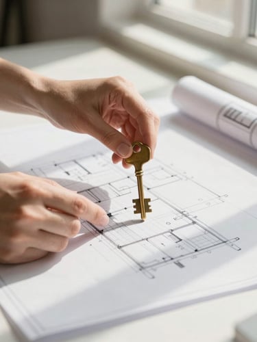 Close-up of hands holding a brass key over a crisp architectural blueprint, bright natural window light, sharp shadows, editorial crop