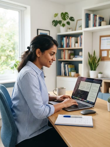 A professional Indian adult studying with a laptop in a bright, sunlit home office, clean blue and white tones, optimistic academic mood, 35mm lens