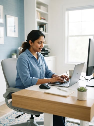 A professional Indian adult studying with a laptop in a bright modern home-office, soft natural window light, clean blue and white tones, 35mm lens.