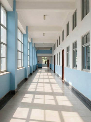 A clean, modern Indian university campus hallway with bright natural daylight streaming through large windows, optimistic academic atmosphere, 35mm lens.