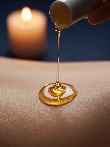 Macro close-up of warm golden massage oil being poured from a dark ceramic lip onto bare skin, soft candlelit shadows, elegant and sensual