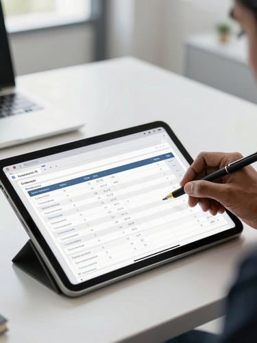 A clean, modern Indian corporate workspace with natural light, featuring a sleek digital tablet displaying clean financial charts and compliance checklists, professional and organized atmosphere.