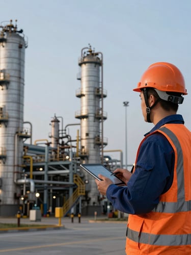 Wide shot of an industrial refinery at dusk, an engineering inspector in safety gear holding a tablet, orange accent on his helmet, sharp focus.