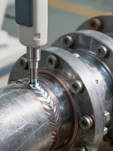 Close-up of a high-tech ultrasound testing instrument measuring a thick steel weld seam on an industrial pipeline, safety orange highlights, sharp technical details