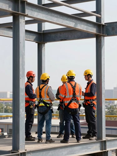 Industrial safety training session, workers with helmets and harness on a steel structure, daylight, high contrast, technical focus