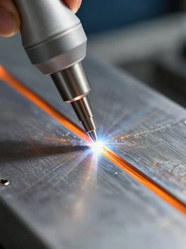 Extreme close-up of a technical ultrasound probe scanning a steel welding seam, crisp daylight, high contrast slate and safety orange tones, sharp focus