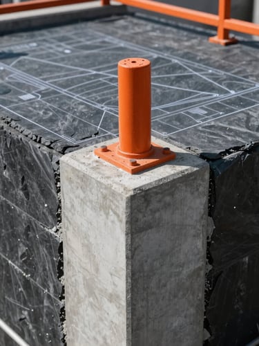 Technical blueprint of a concrete foundation, industrial engineering site, sharp focus, high contrast slate tones