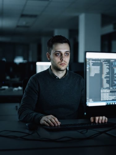 A deadpan medium-close portrait of a young man staring blankly at a glowing computer screen in a dark, cool-toned corporate office, desaturated slate tones, clinical composition, 35mm.