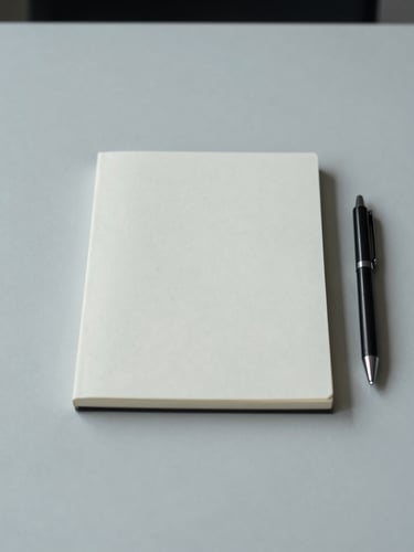 Clinical medium-close shot of an empty, minimalist desk, cool corporate lighting, desaturated tones. A single, blank, unblemished notepad sits centered, a pen beside it. No human presence.