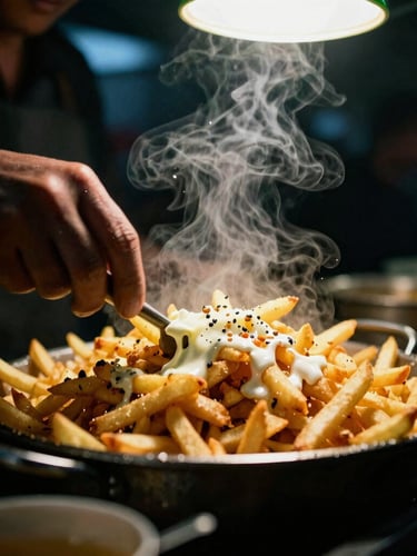 Close-up of a street food vendor preparing loaded fries under warm market lights, steam rising, high contrast, gritty texture