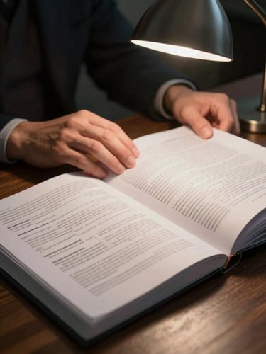 Close-up of hands resting on an open legal binder, pages dense with regulatory text, desk lamp casting a focused pool of light onto the document surface, dark background receding behind