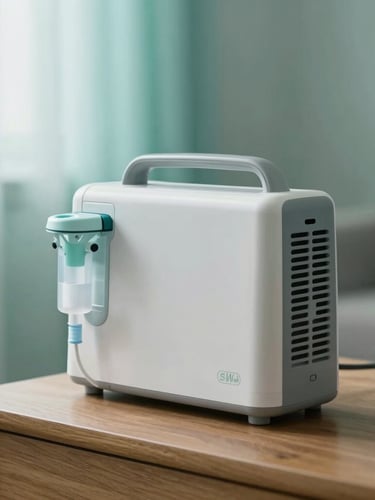 Clean medical photography of a portable oxygen concentrator on a wooden side table, soft natural morning light, calming teal tones, shallow depth of field.