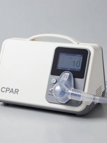 Clean medical photography of a modern, well-lit living room with soft morning light, focusing on a compact, elegant oxygen concentrator resting on a wooden side table, shallow depth of field, calming teal and soft grey tones