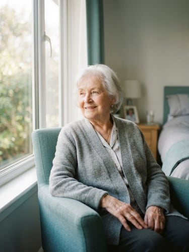 A serene elderly person sitting by a bright window, breathing comfortably, soft morning light, clinical yet warm home setting, shallow depth of field.