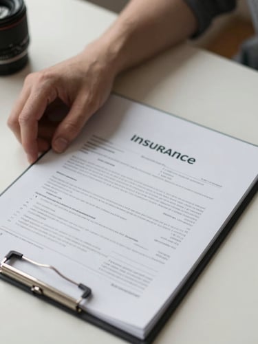 Close-up overhead flat-lay of an open insurance policy document on an off-white desk, a hand resting beside it, soft diffused north-facing daylight, muted neutral tones