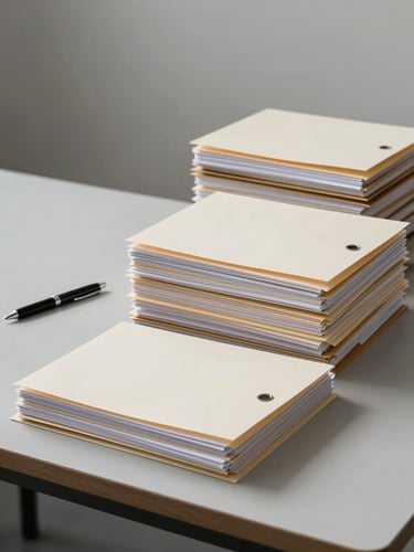Wide environmental shot of an organized professional desk with stacked folders and a pen to the left third, soft overcast studio light, off-white and grey tones, no people