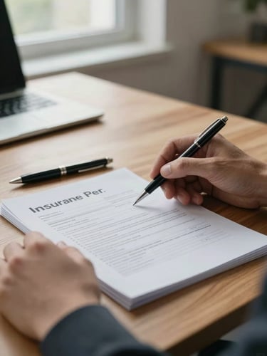 Close-up of hands resting on an open insurance policy document on a wooden desk, soft diffused north-facing window light, a pen resting nearby, calm organized workspace visible in background
