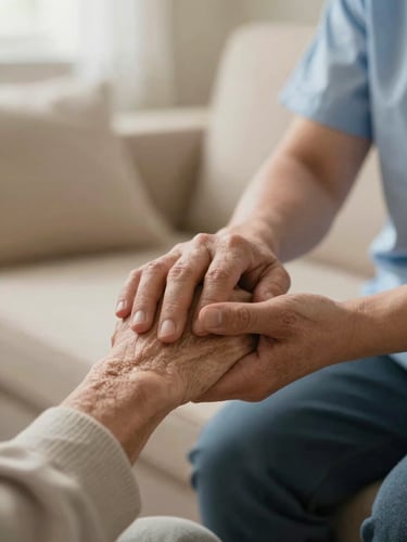 A close-up of a caretaker gently holding an elderly client's hand in a warm cream-toned room, soft natural lighting, conveying safety and respect.