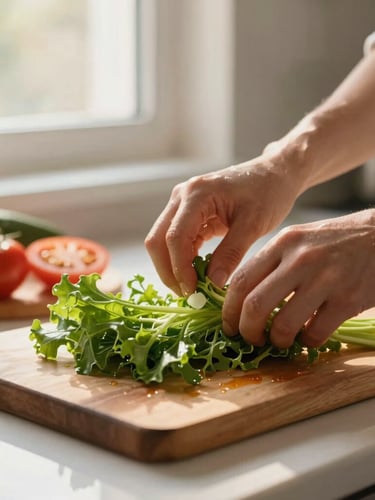 A close-up of hands preparing a fresh, nutritious meal on a clean kitchen counter, soft warm morning light coming through a window, focus on fresh vegetables and gentle preparation.