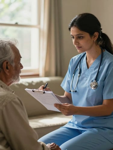 A clinical supervisor in a soft slate blue uniform checking a medical chart next to an elderly patient in a sunlit, comfortable Indian home setting, natural indoor lighting, medium shot.
