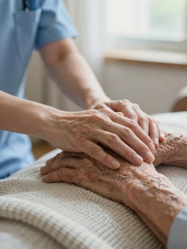 Medium close-up of a nurse's hands resting gently on an elderly patient's hands over a soft woven blanket, natural window light, calm domestic setting.