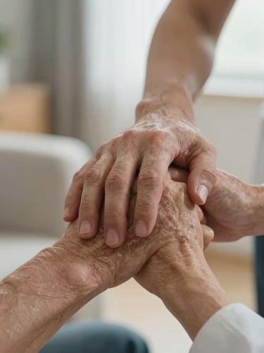 A close-up of a caretaker's hands warm and reassuringly holding an elderly client's hand in a bright room, natural lighting
