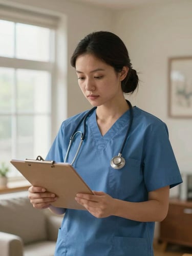 A medium shot of a registered nursing supervisor reviewing a care chart on a clipboard in a warm, clean home interior, soft daylight filtering through a window.