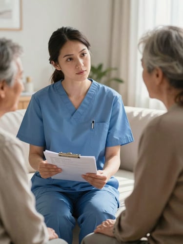 A clinical supervisor in a slate blue uniform calmly reviewing a medical chart with a senior client in a sunlit domestic living room, soft natural light, respectful interaction, medium shot.