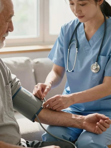 A close-up of a nurse in soft slate blue scrubs gently checking the blood pressure of an elderly gentleman in a sunlit living room, soft natural morning light, warm domestic atmosphere.
