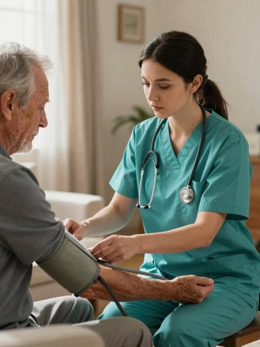 A professional private-duty nurse in clean teal scrubs gently checks the blood pressure of an elderly gentleman in a sunlit domestic living room, focusing on quiet connection and respectful hands.