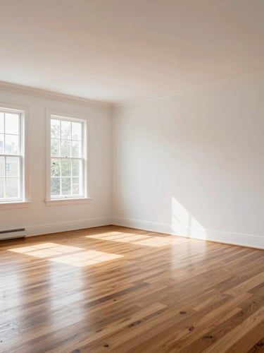 Warm natural afternoon light filling a spacious, newly remodeled living room in a historic Wabash home, polished hardwood floors, clean white walls, wide-angle editorial photography