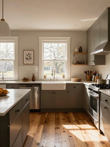 Wide-angle interior photograph of a beautifully updated kitchen in a historic Wabash home. Sunlight streams through a large window, illuminating clean countertops, modern fixtures, and warm wood flooring. Cozy, inviting tones, realistic details, warm editorial photography.